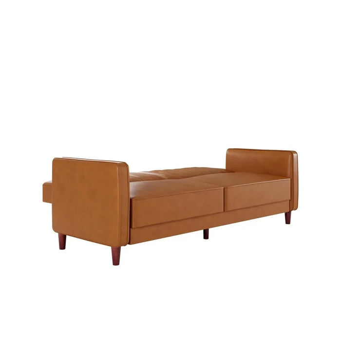 Living Room Tufted Transitional Futon Sofa, with 2 Seats, Camel Faux Leather Sofa Bed