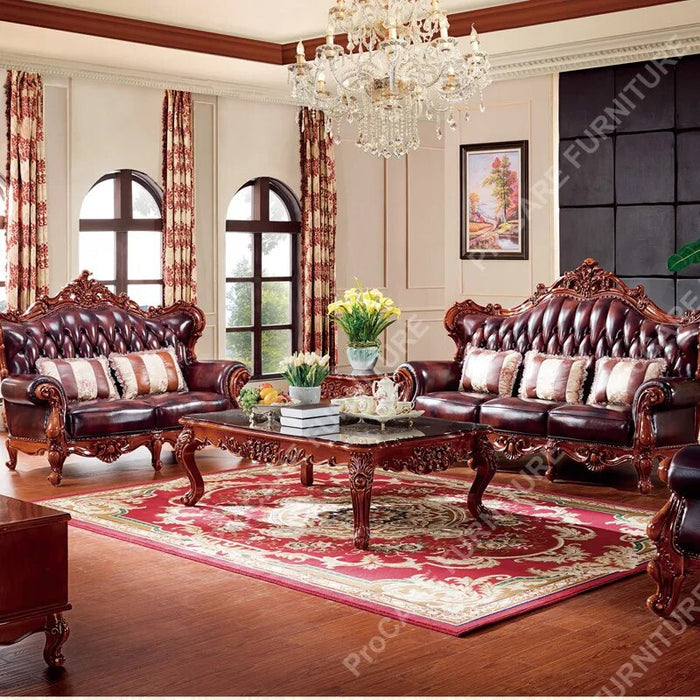 European genuine leather solid wood carved luxury sofa set living room furniture living room sofas