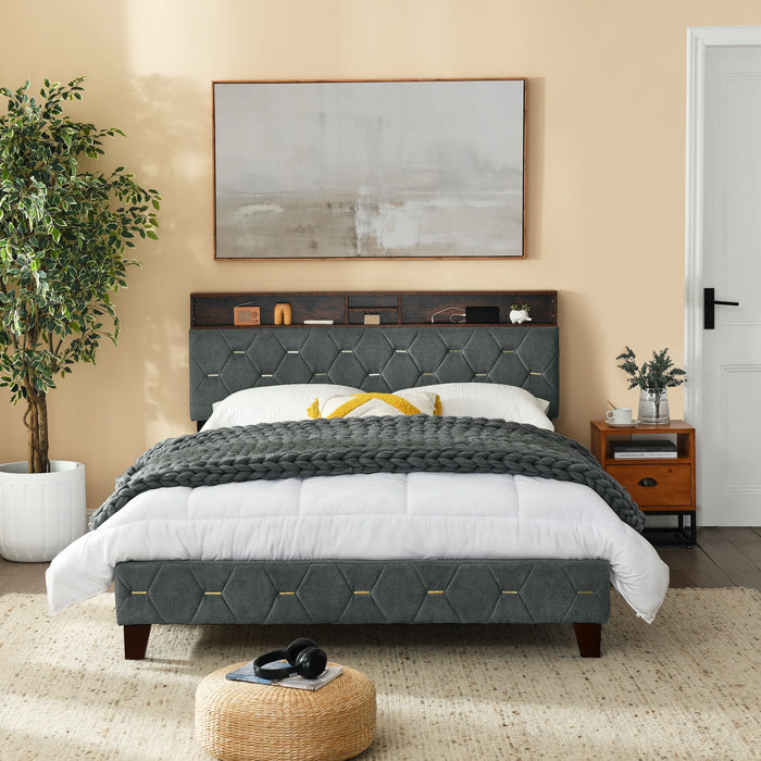 Queen/Full Bed Frame Shelf Upholstered Headboard Platform Bed W/Outlet&USB Ports Wood Legs Grey/Beige Easy Assembly[US-W]