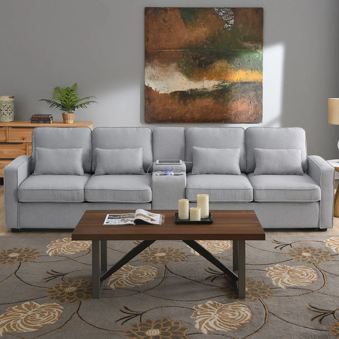 Upholstered Sofa with Console, 2 Cupholders and 2 USB Ports Wired or Wirelessly Charged, Linen Fabric Couches with 4 Pillows