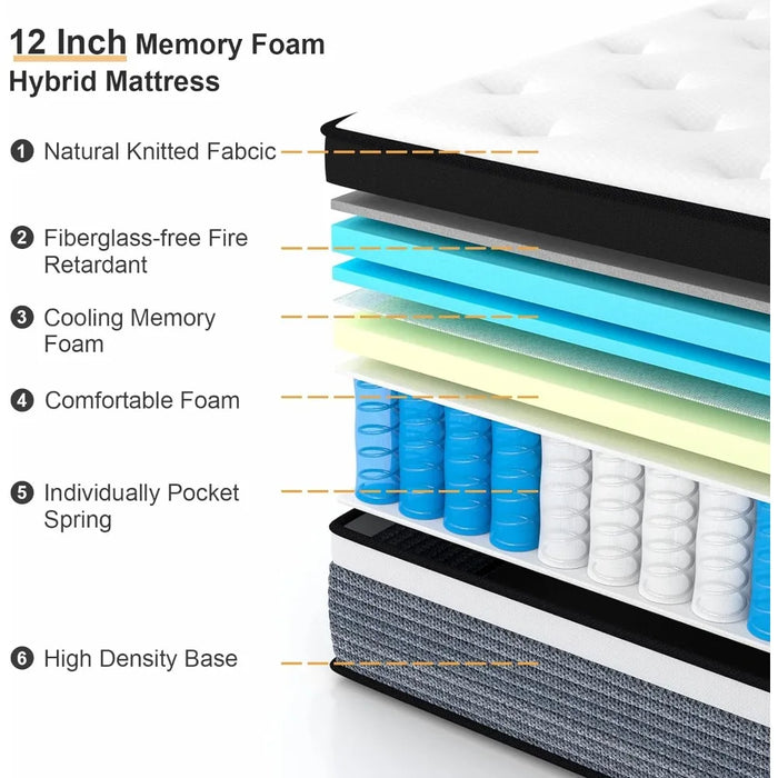 12" Cooling Gel Memory Foam & Separate Pocket Built-in Spring Hybrid Mattress, Boxed Queen Mattress with Medium Feel