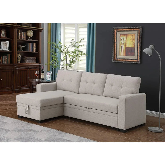 Living room sofa convertible modular with storage chaise longue and pull-out for living room,3-seater,linen upholstered sofa bed