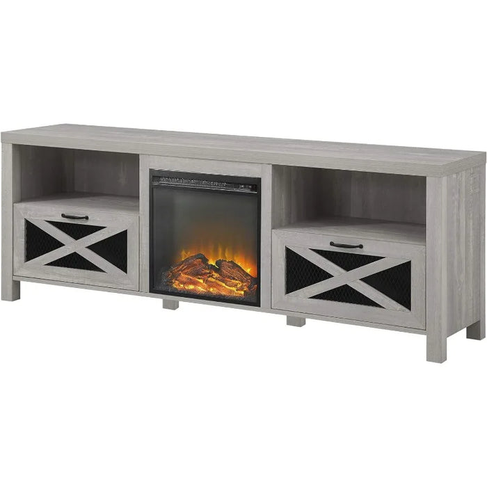 Walker Edison Calgary Industrial Farmhouse X-Drawer Metal Mesh and Wood Fireplace TV Stand for TVs up to 80 Inches, 70 Inch