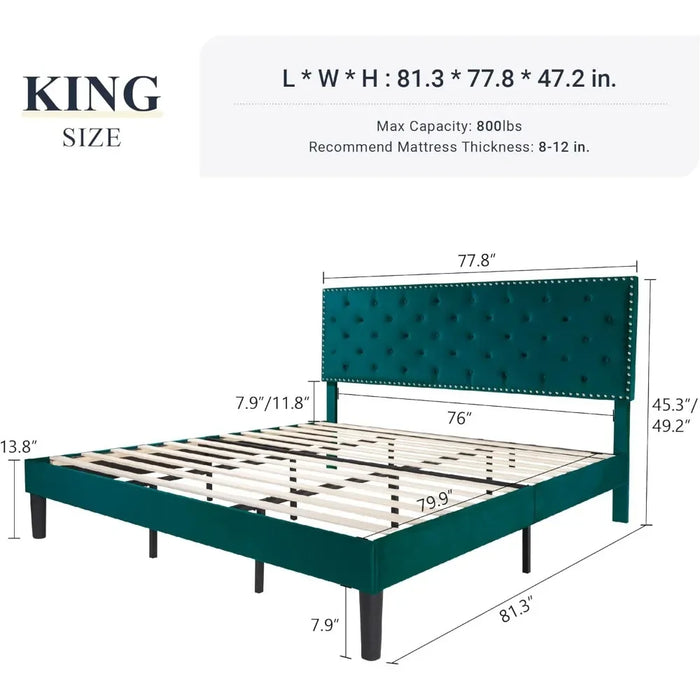 King size bed frame, velvet padded platform bed with adjustable diamond button tufting and nail head decoration headboard, bed