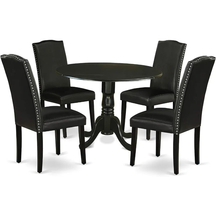 5 Piece Dining Room Furniture Set Includes a Round Dining Table with Dropleaf and 4 Black Faux Leather Upholstered Chairs