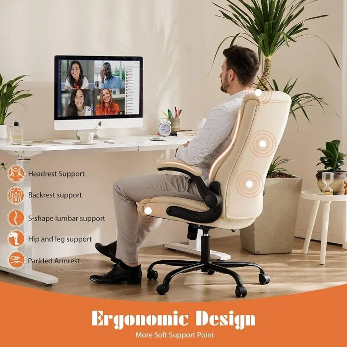 Sweetcrispy Home Office Chair, Ergonomic High Back Heavy Duty Task Chair with Flip-up Arms, PU Leather, Adjustable Swivel Cream