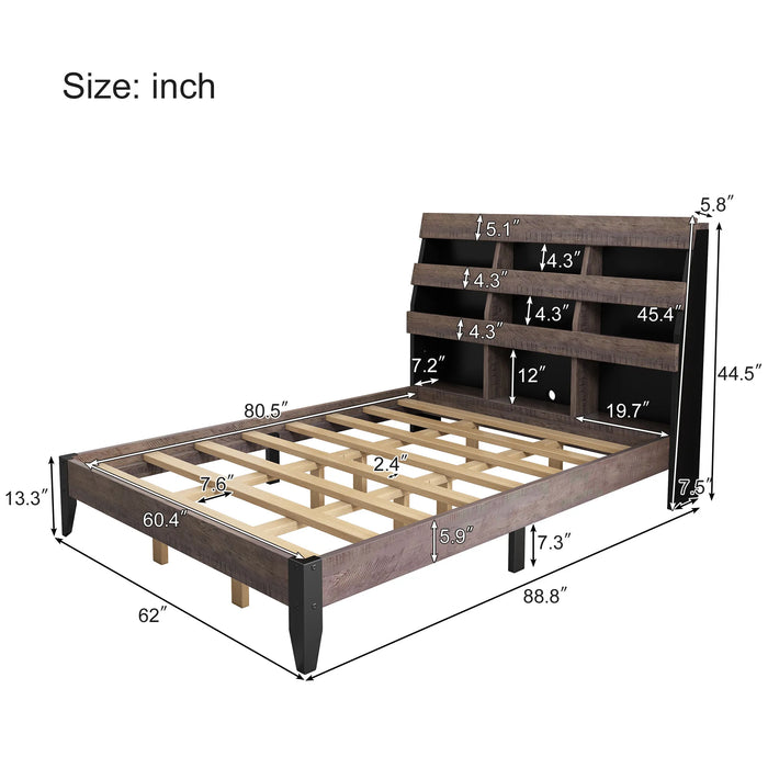 Bedroom Sets Mid Century Modern Style Queen Bed Frame with Bookshelf&LED Lights&USB Port Walnut Black[US-W]