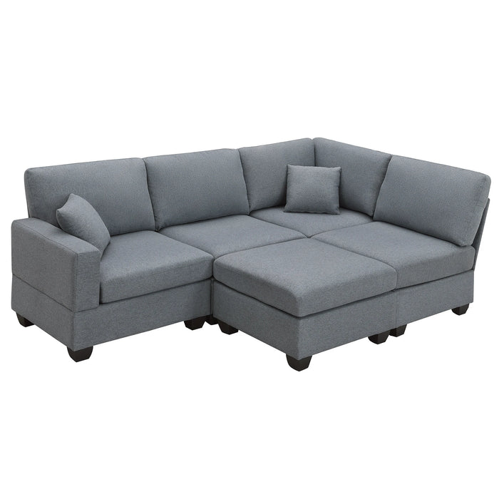Modern Sectional Sofa,5-Seat Modular Couch Set with Convertible Ottoman,L-Shape Linen Fabric Corner Couch Set with 2 Pillows