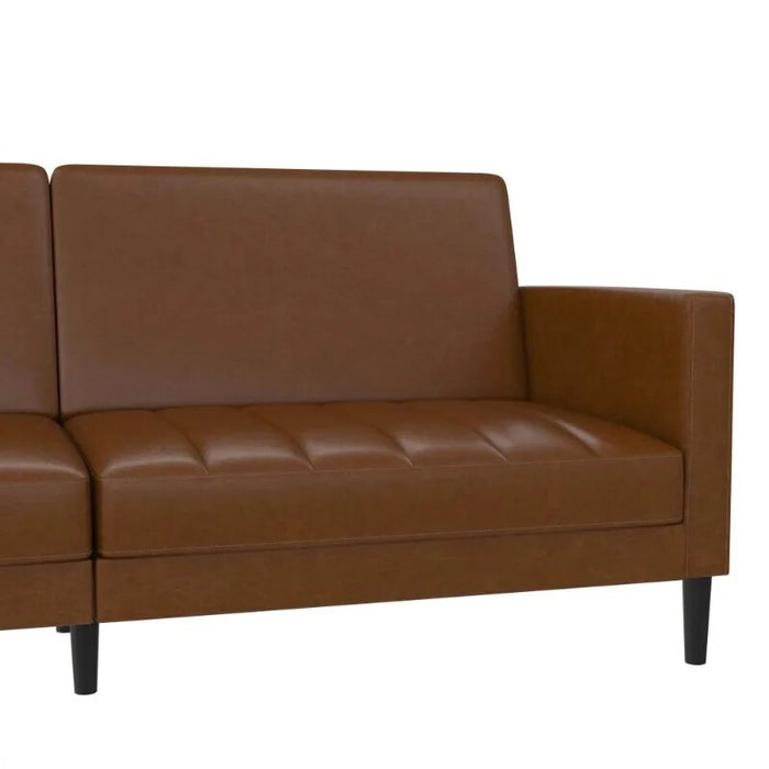 Queer Eye Farnsworth Futon Couch, Living Room Furniture, Camel Faux Leather