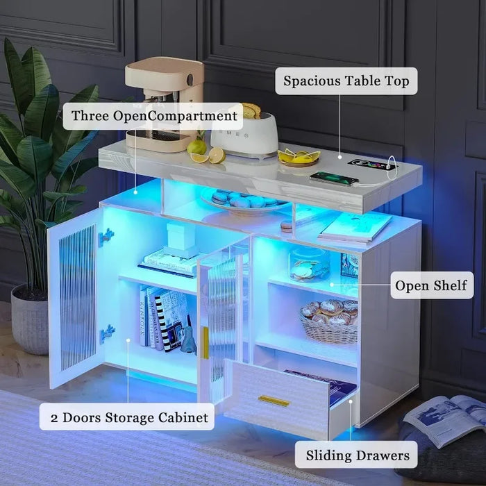 39.4" Modern LED Sideboard Buffet Cabinet with Charging Station, High Glossy Cupboard with Body Sensor Light, Coffee Bar Cabinet