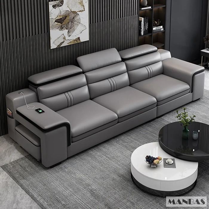 Linlamlim Leather Sectional Sofa Set with Cup Holder, USB, Adjustable Headrests & Bluetooth Speaker Living Room Couch with Stool