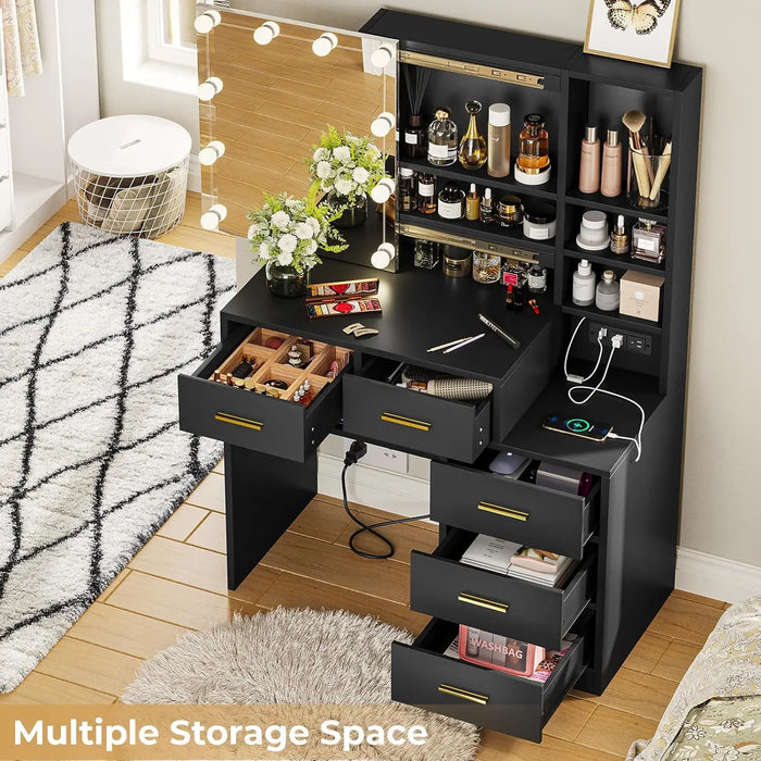 BTHFST Vanity Desk with Sliding Mirror and Lights, Makeup Vanity with Lights, Charging Station and Nightstand, Makeup Table