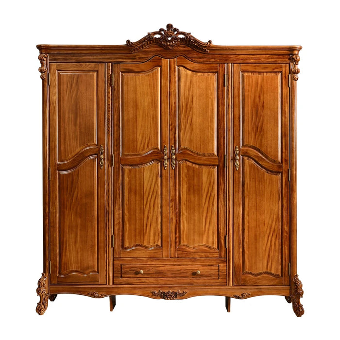 Carved Villa Luxury Large Wardrobe, Dark Gold Wood Solid Wood Four Doors