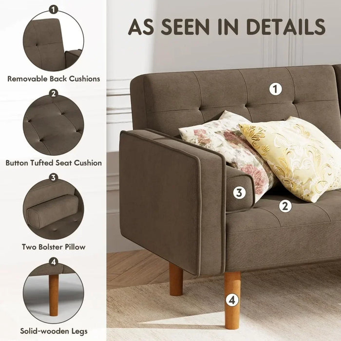 Futon Sofa Bed Convertible Sectional Sleeper Couch, Splitback Loveseat with Tapered Legs, 74", Small Lounge for Living Room