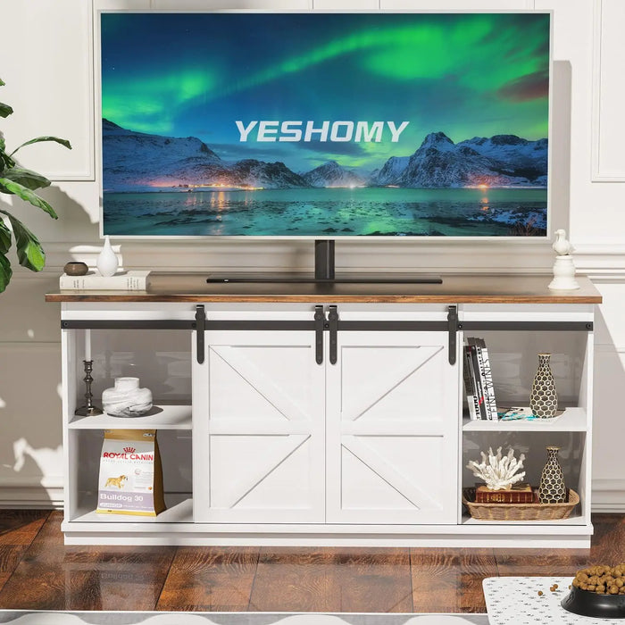 YESHOMY Farmhouse TV Stand and Entertainment Center for Televisions up to 65 Inchs, with Sliding Barn , 58 Inch, White & Rustic