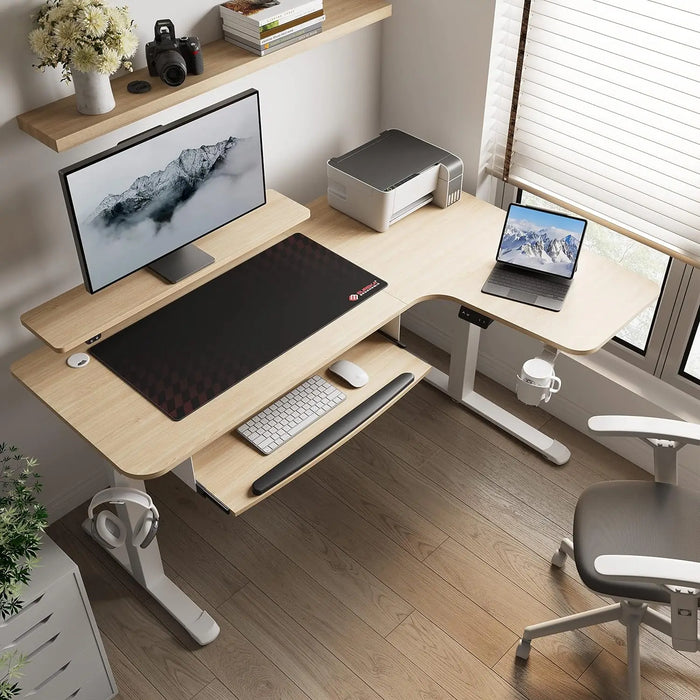 Standing Desk Adjustable Height 61" Electric Sit Stand Computer Desk L Shaped with Keyboard Tray Monitor Stand &LED
