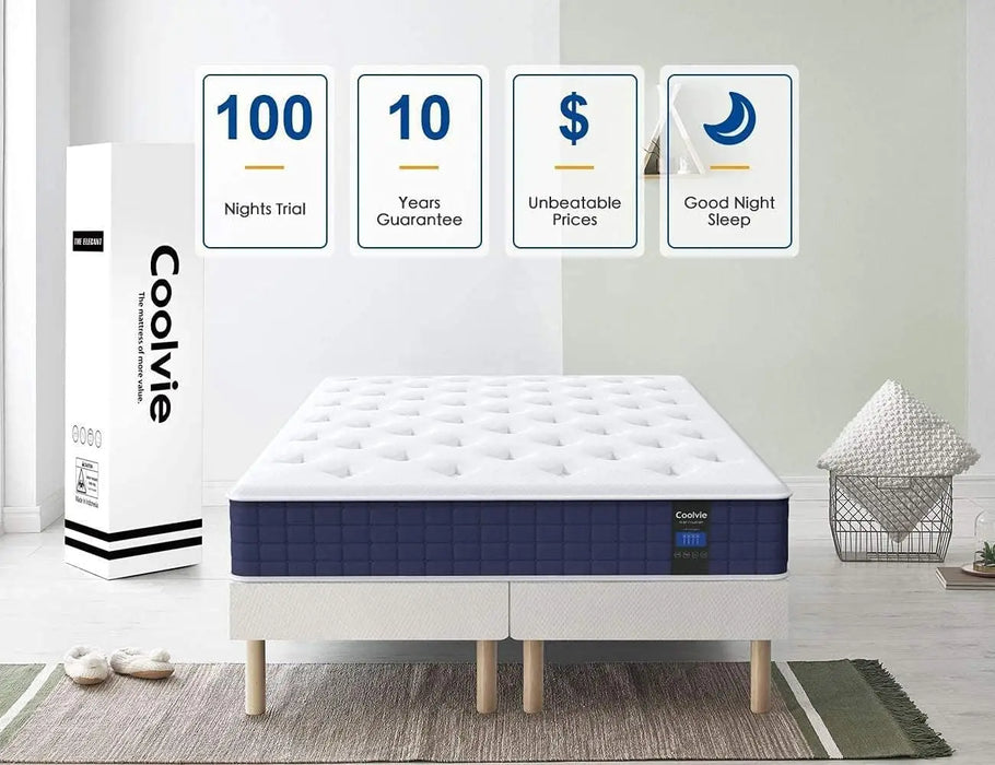 Coolvie Queen Mattress, 10 Inch Hybrid Mattress Queen Size, Individual Pocket Springs with Memory Foam, Bed in a Box