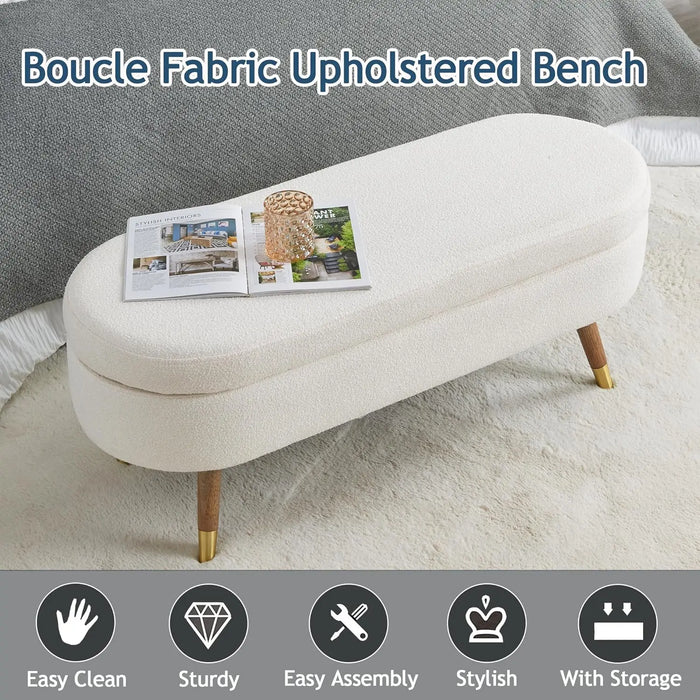 Storage Bench 43.5" Ottoman Bench Upholstered Boucle Fabric Footrest Bench with Golden Metal Legs End of Bed for Bed