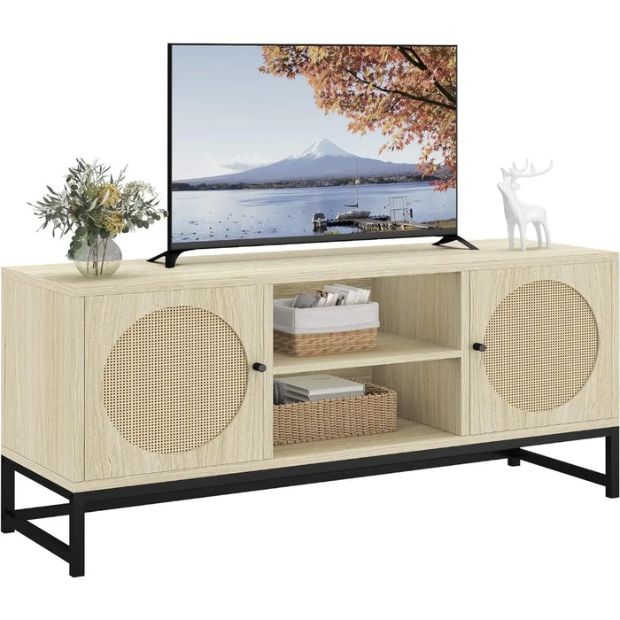 47.2'' L X 15.75'' W X 22'' H Home Furniture for Tv Rattan TV Stand Easy Assembly Rustic Oak Beige Cabinet Living Room Table