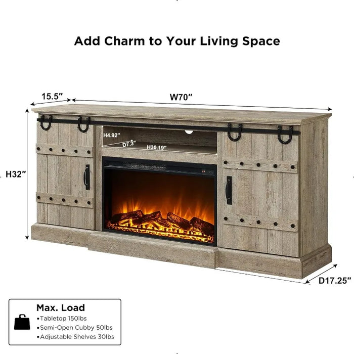 70" Fireplace TV Stand for 75 80 Inch TV, Farmhouse Highboy Entertainment Center with 30" Electric Fireplace