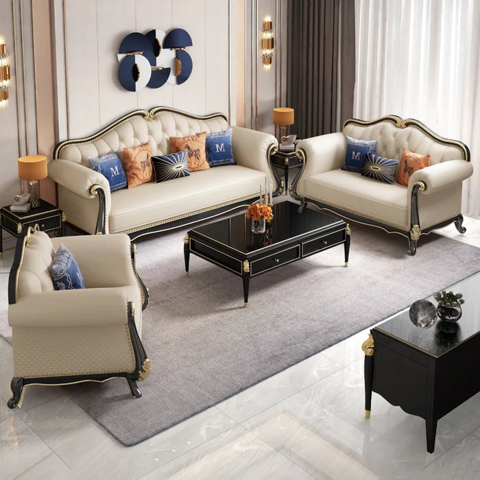 American high quality leather sofa combination light luxury style European solid wood carving sofa villa furniture