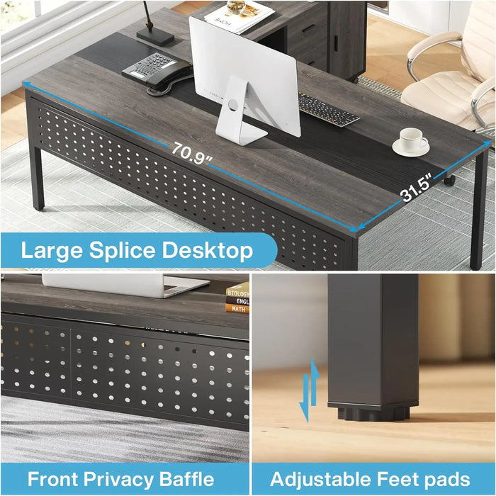 Large Executive Office Desk and 47" Lateral File Cabinet Combo,L-Shaped Desk 2 Piece Business Furniture with Drawers and Shelves