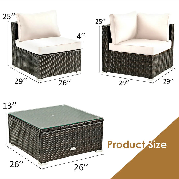 5PCS Patio Rattan Furniture Set Cushioned Sofa Chair Coffee Table HW67243