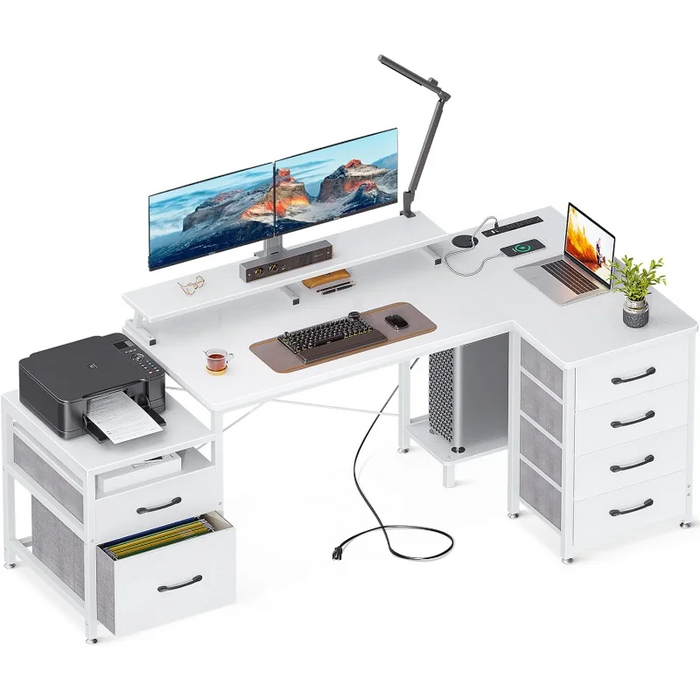 KKL L Shaped Computer Desk with File Drawers & 3 Power Outlets & 2 USB Ports, 72 Inch Home Office Desk with Printer Cabinet & Mo