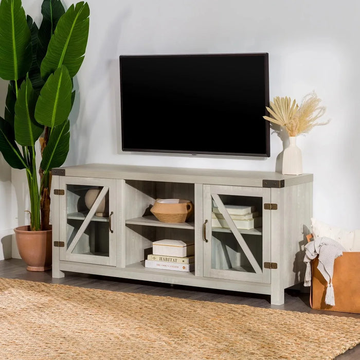 TV Stand, Modern Farmhouse Glass Door for TVs Up To 65", Stone Grey, Tv Stand Living Room Furniture