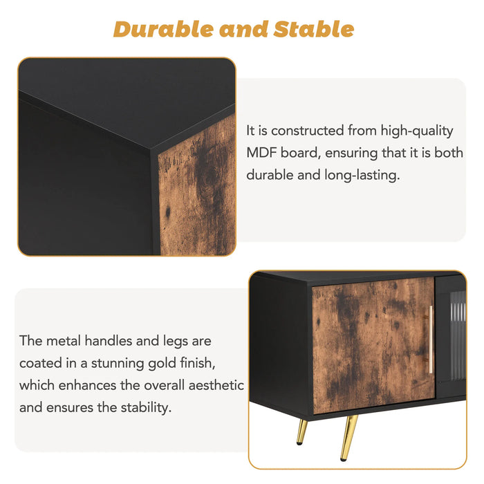 Stylish TV Stand W/Golden Metal Handles&Legs&Removable Compartment 2-Tone TV Cabinet Fluted Glass Door Media Console for 80" TVs