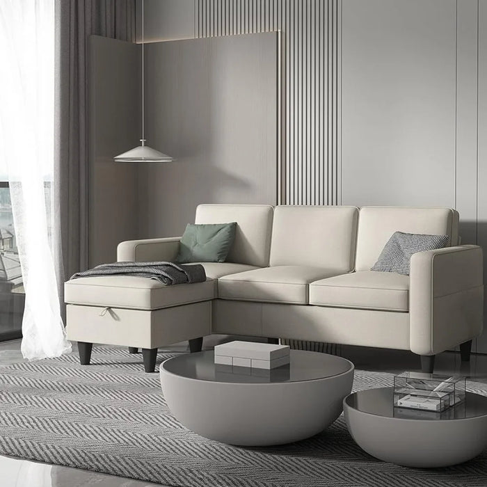 Beige Convertible L Shaped Modular Modern Linen 3 Seater Sofa Sofa Furniture Set with Storage Footstool