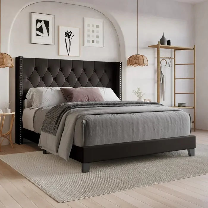 Wingback Platform Bed Frame with Headboard with Wood Slat Support and Square Stitched Headboard