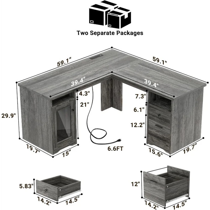 Unikito L Shaped Desk with Drawers, 60 Inch Corner Computer Desks with USB Charging Port and Power Outlet, Large 2 Person Home