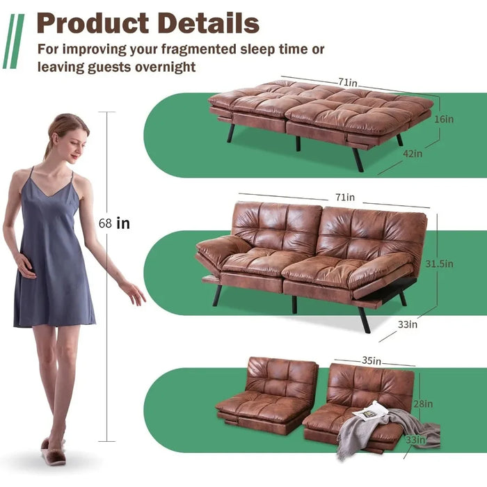 Convertible Futon Sofa Bed,Memory Foam Loveseat,Small Euro Lounger Sofa For Compact Living Spaces,Living Room,Brown Leather