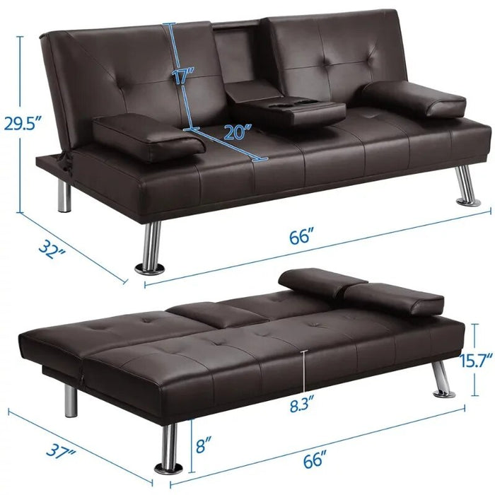 LuxuryGoods Modern Faux Leather Futon with Cupholders and Pillows, Espresso furniture living room