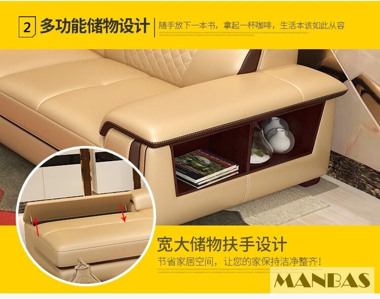 MANBAS Italian Genuine Leather Sectional Sofa Set with Cup Holder, Adjustable Headrests & Bluetooth Speaker Living Room Couch