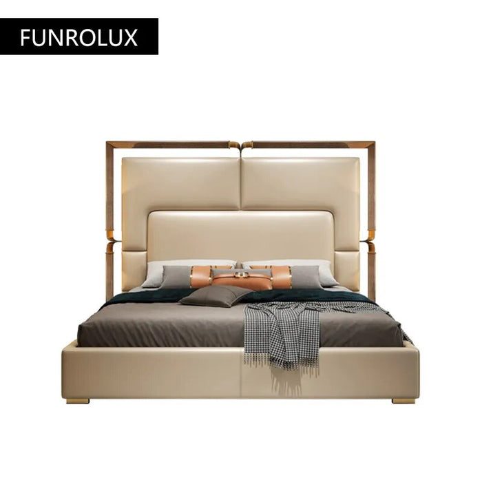 Light Luxury Leather Bed Master Bedroom Modern Simple 1.5M / 1.8M Double Bed High-End Villa Napa Head Layer Leather Wedding Bed