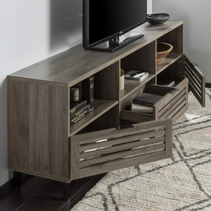 Modern Slatted Wood TV Stand for TV's up to 80" Universal TV Stand for Flat Screen Living Room Storage Cabinets and Shelves 70in