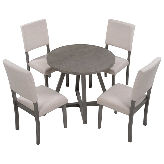 Mid-Century Wood 5-Piece Kitchen Dining Table Set with Round Table, 4 Upholstered Dining Chairs for Small Places