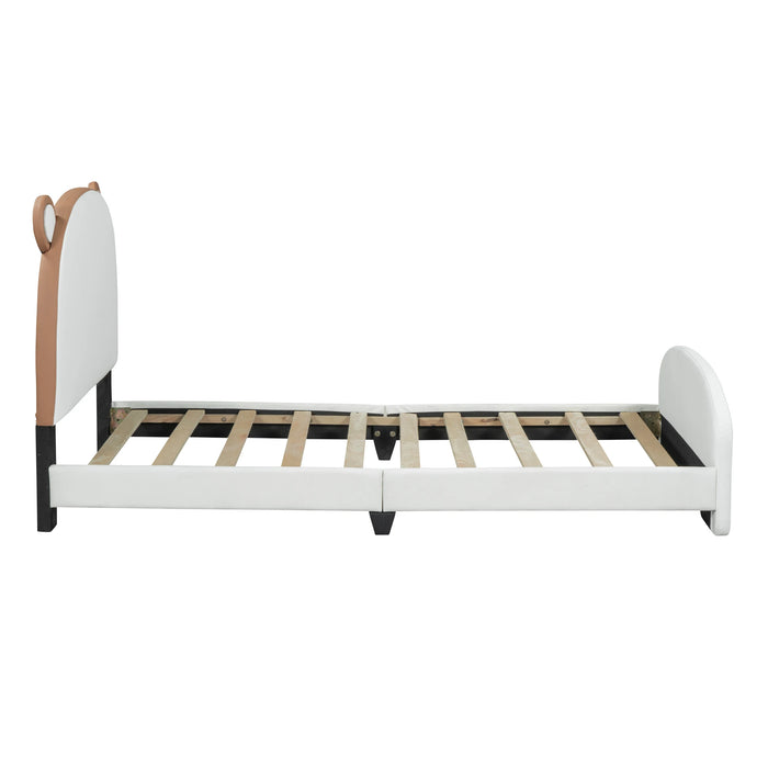 [Flash Sale]Twin Size Upholstered Platform Bed with Bear-Shaped Headboard&Footboard White/Brown PU Bed Frame[US-W]