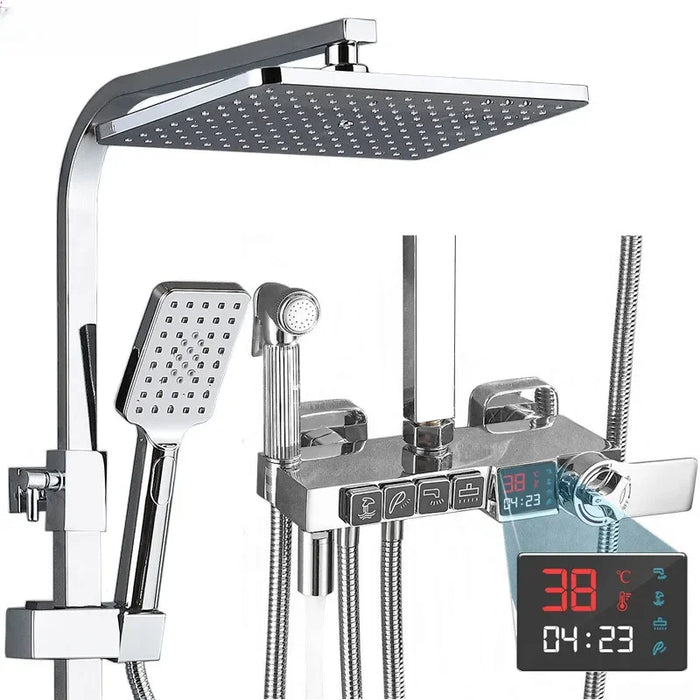 Digital Chrome Shower Set Faucet Bathroom Hot Cold Mixer Rain System Wall Mount Full Kit Bath Tap Bathtub Silver Luxury Bidet