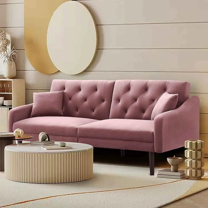 DNYN Convertible Sleeper Futon Sofa with 2 Pillows, Velvet Tufted Couch w/Metal Legs and Adjustable Backrest, for Apartment Offi