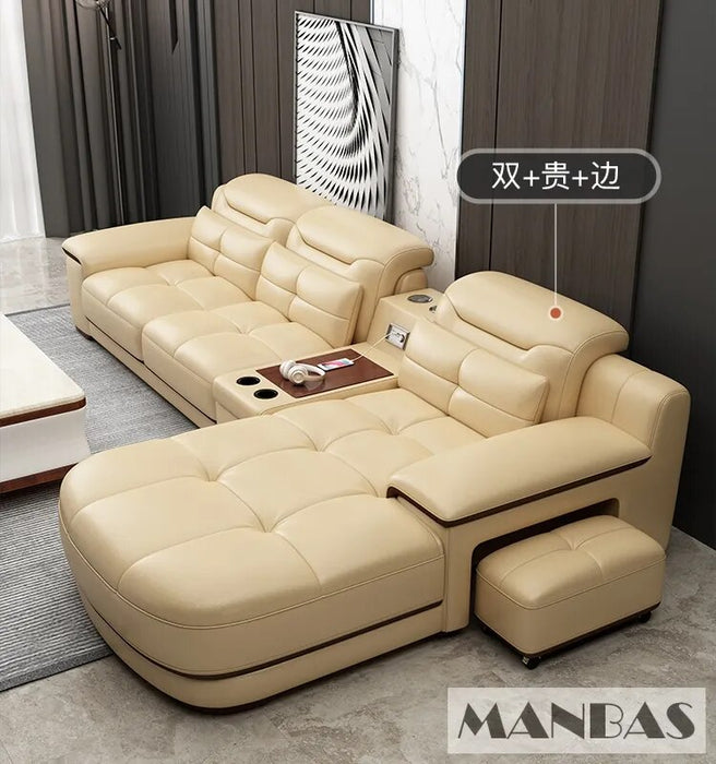MINGDIBAO Modern Sectional Sofa Set with Cup Holder, USB, Adjustable Headrests & Bluetooth Speaker Living Room Couch with Stools