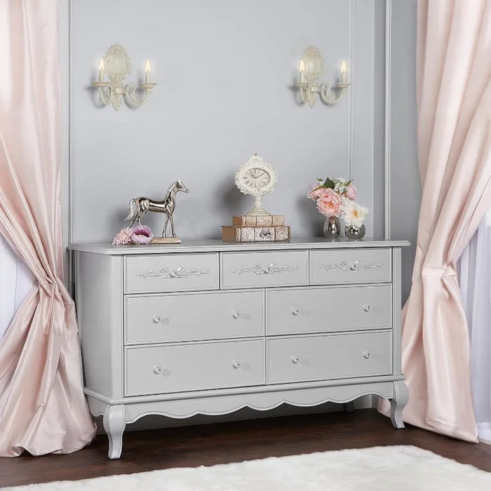 Evolur Aurora 7 Drawer Double Dresser, Akoya Grey Pearl/ Silver Mist Bedroom Furniture›Dressers