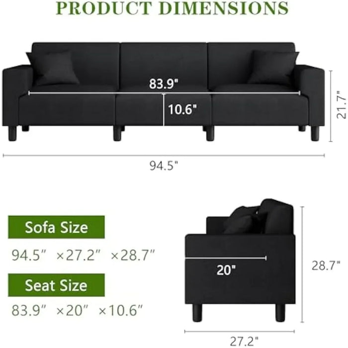 Sofa, modern cushion 94 inches, 3-seater deep cushion sofa, living room, lounge, sleeping chair sofa with two pillows
