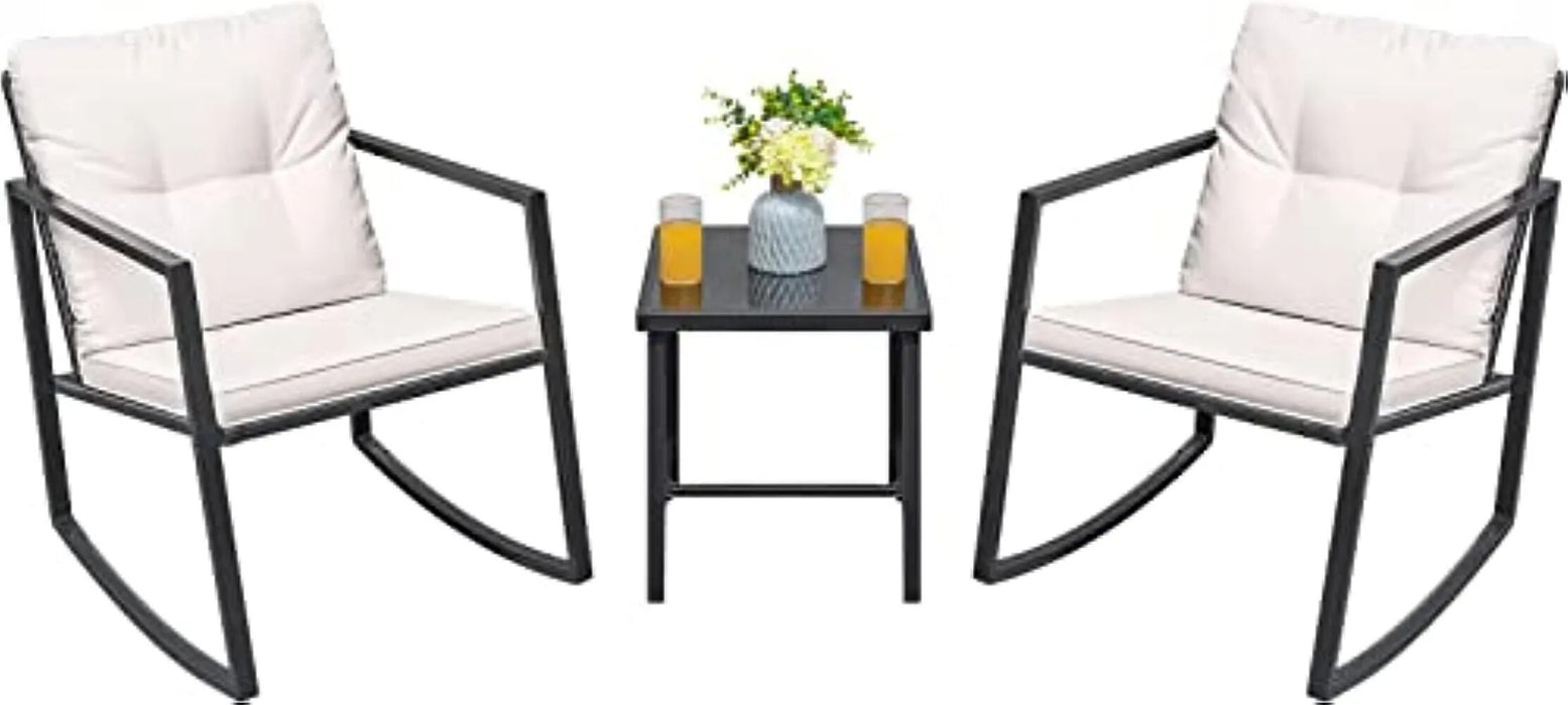 Greesum 3 Pieces Rocking Wicker Bistro Set,Patio Outdoor Furniture Conversation Sets with Porch Chairs and Glass Coffee Table,Be