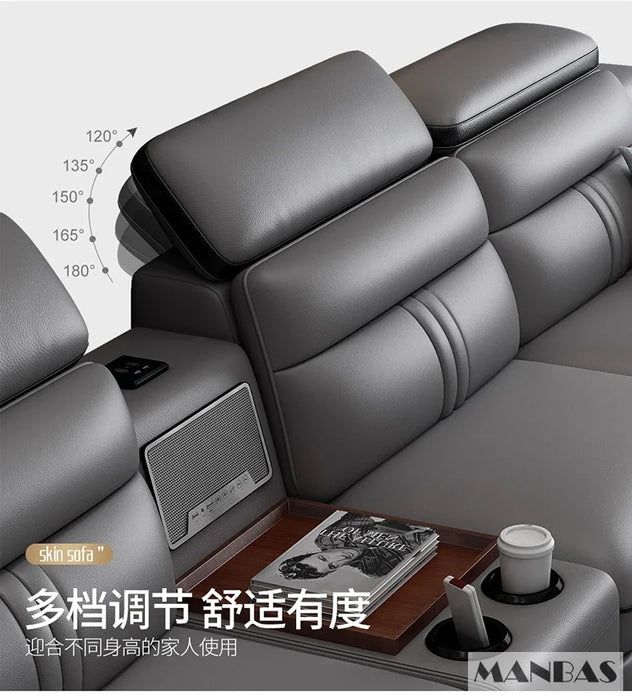Leather Sectional Sofa Set with Cup Holder, USB, Adjustable Headrests & Bluetooth Speaker Living Room Couch with Stool