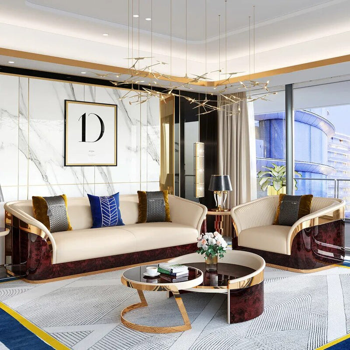 Modern Luxury Leather with Wooden Sofa Set, Fashion 2/3/4 Seater Sofa, Leather Couch for Living Room Accept Customzied Color