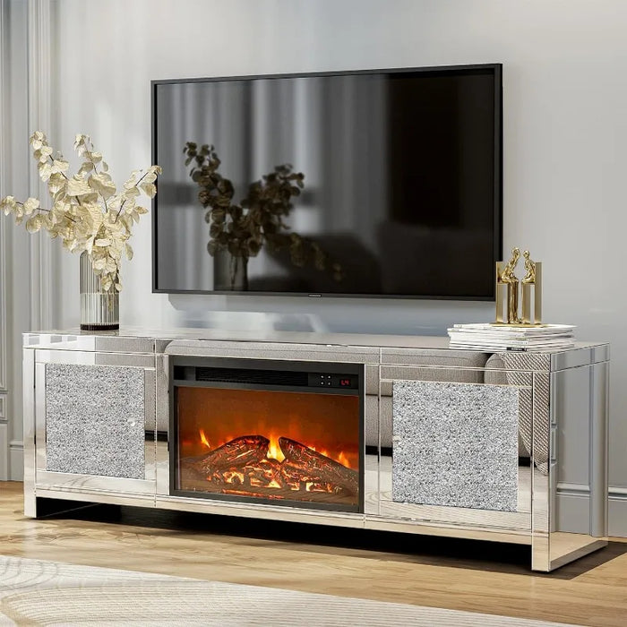 TV Stand Mirrored Media Entertainment Center for TV up to 55 inch, Silver TV Console Table Mirrored Furniture for Living Room