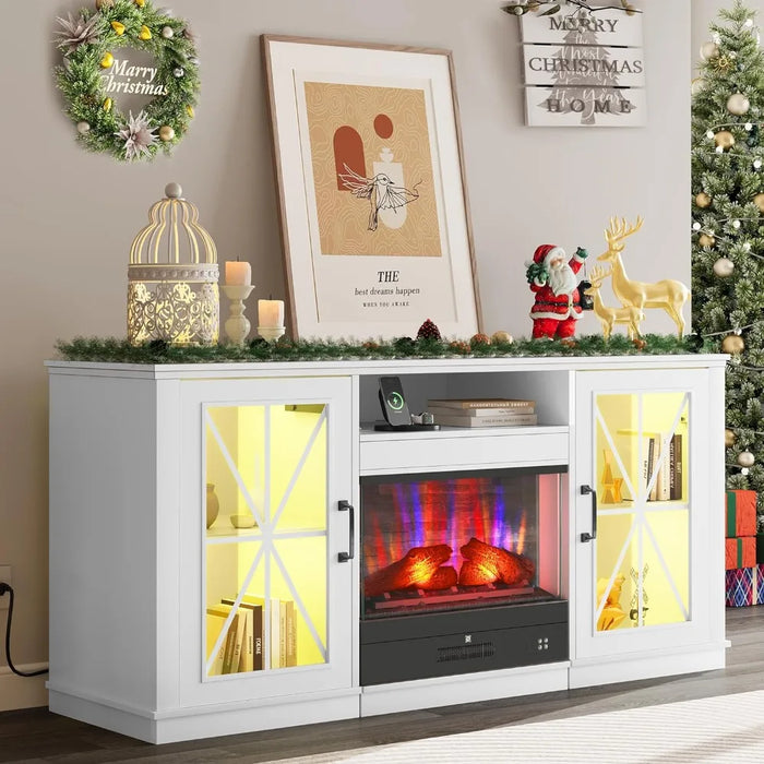 60 Inch TV Stand with Slidable Fireplace for up to 70" TVs, LED Fireplace TV Stands for Living Room, with Storage Cabinets White